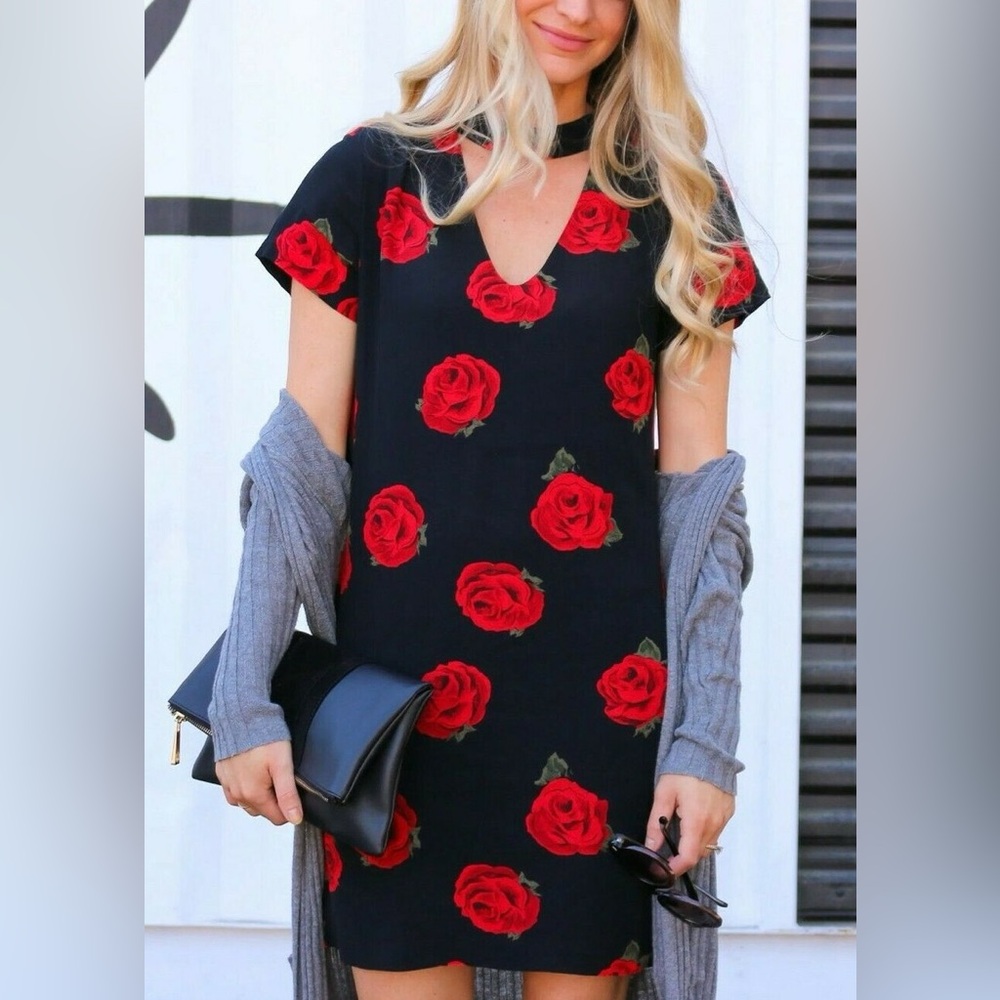 Sanctuary Women’s Black Dress with Red Rose Floral Pattern Size MEDIUM